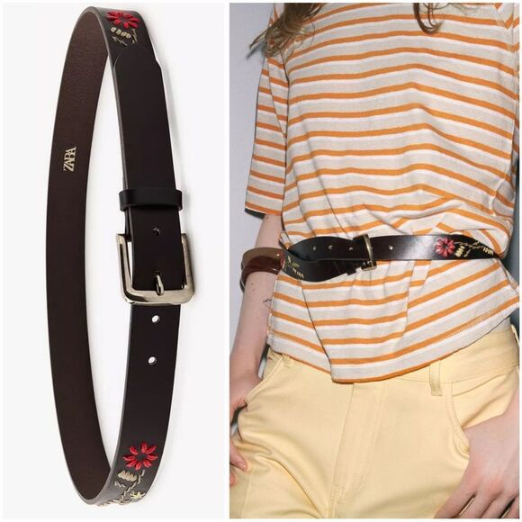 ZARA LEATHER BELT WITH FLORAL EMBROIDERY